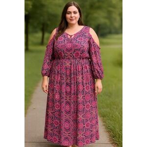 Lane‎ Bryant Pink Purple Paisley Cold Shoulder Garden Party Maxi Dress Size 22